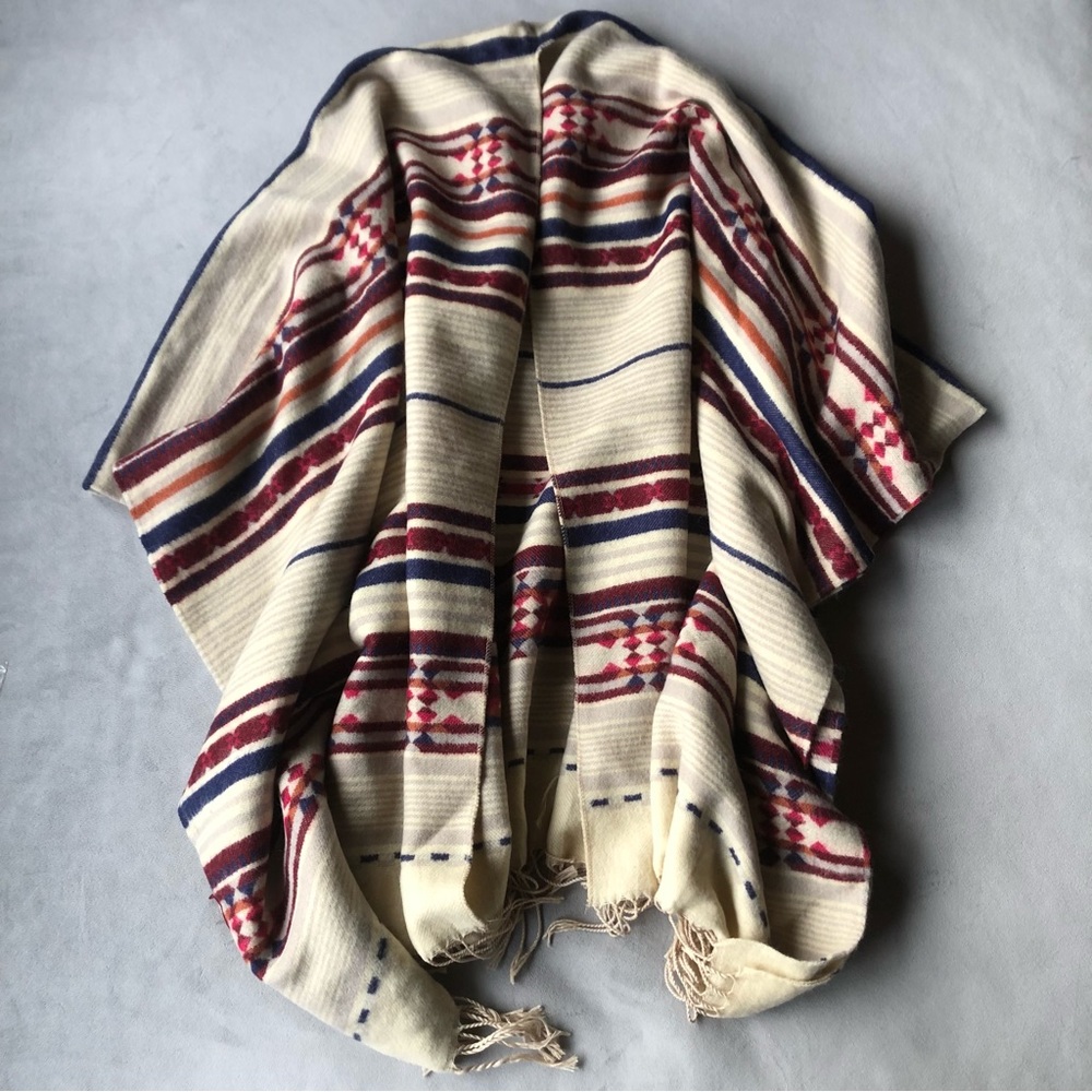 Lulla Collection by Bindya ~ Ruana ~ Cream with Red, Orange, Blue and Gray ~ New